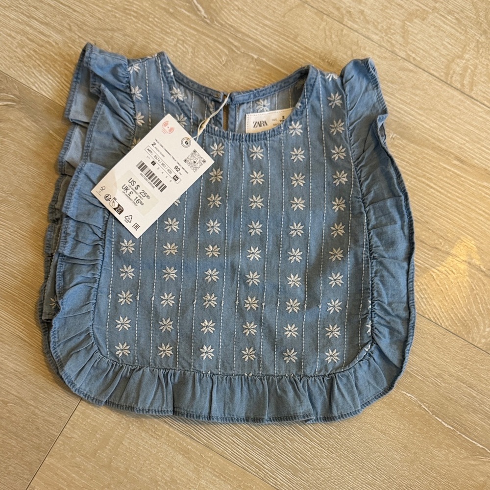 Zara Light Denim Blue Embroidered Ruffle Bib Top